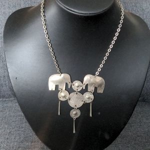 Vintage handmade exotic Gypsy silver necklace with elephants and medallions